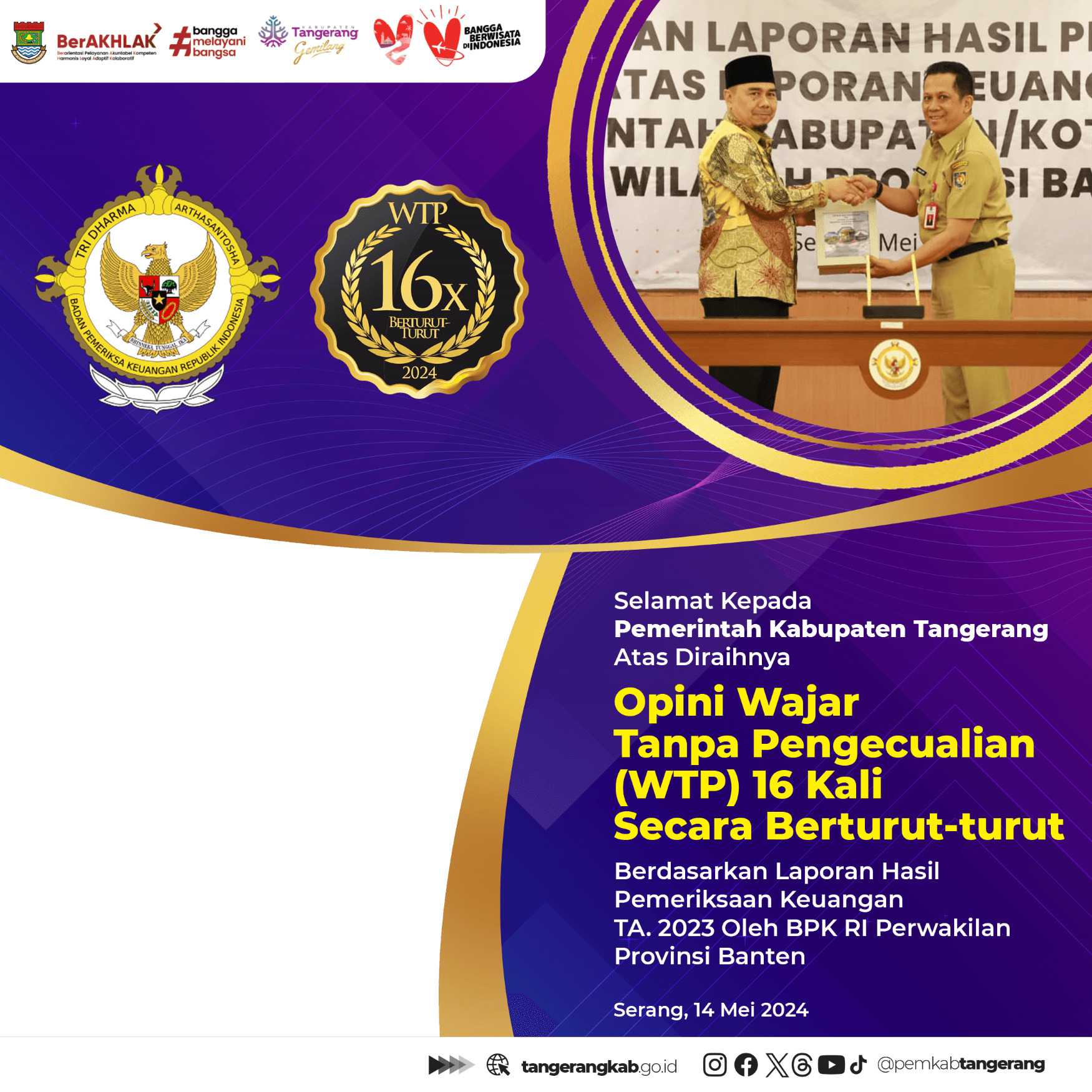 Ucapan Penghargaan WTP 16x 2024 Pemkab Tangerang
