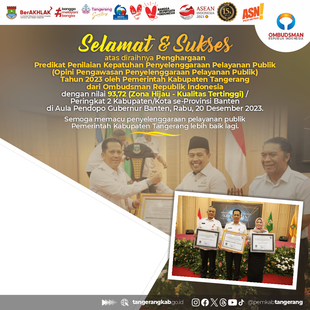 Ucapan Penghargaan Ombudsman Pemkab Tangerang 2023